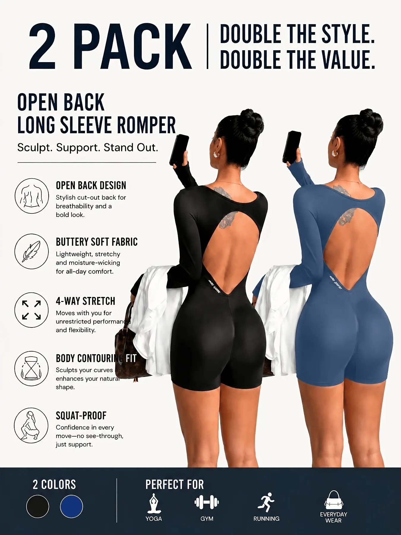 Two-Pack Women's High-End Backless Slimming Yoga Jumpsuit, Waist Cinching Outer Wear, High Elasticity Beautiful Back Tight Fitness Jumpsuit