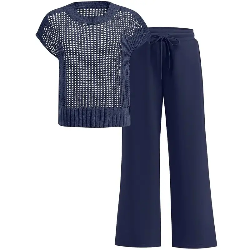 Women Summer Crochet Sheer Knit Two Piece Set, Round Neck Short Sleeve Sweater Top & Wide Leg Pants Casual Outfit for Vacation Daily Outings