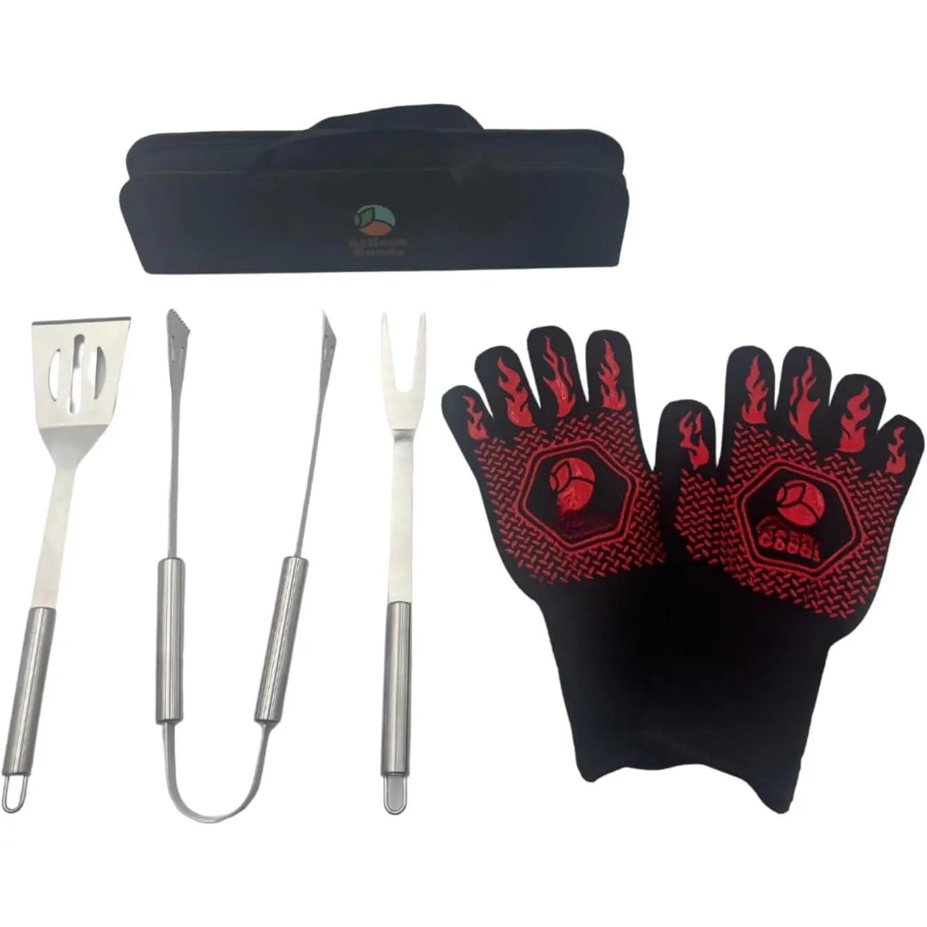 Stainless Steel Grill Set, 5 count Heavy Duty Barbecue Tools, BBQ Grilling Accessories Grill Kit with Tongs, Spatula, Fork, Gloves and Zippered Carry Bag, BBQ Grill Accessories