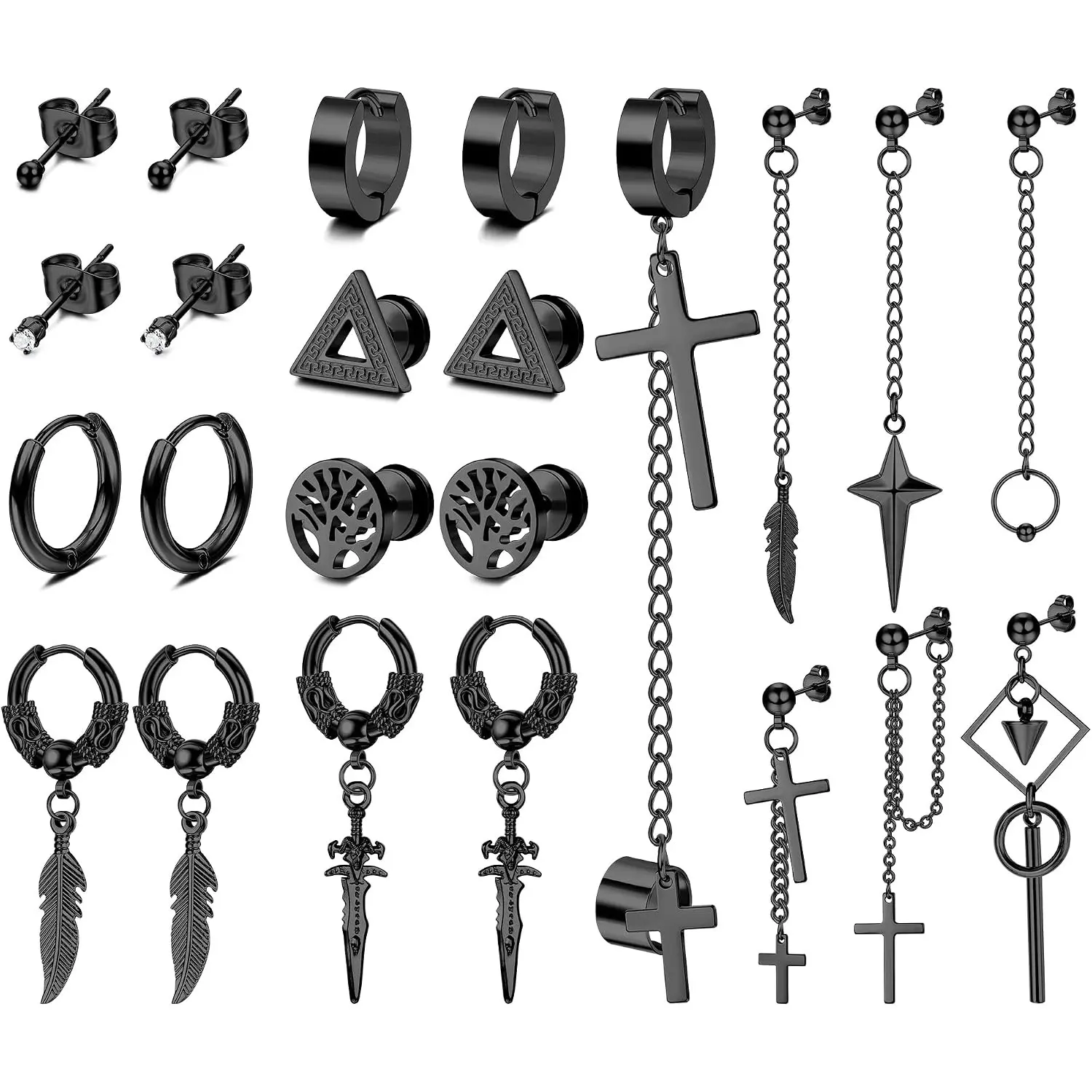 23Pcs Black Earrings Set for Men Boys, Stainless Steel Studs & Hoop Earrings, Small Ball Cartilage Tragus Barbell Piercing Jewelry Set