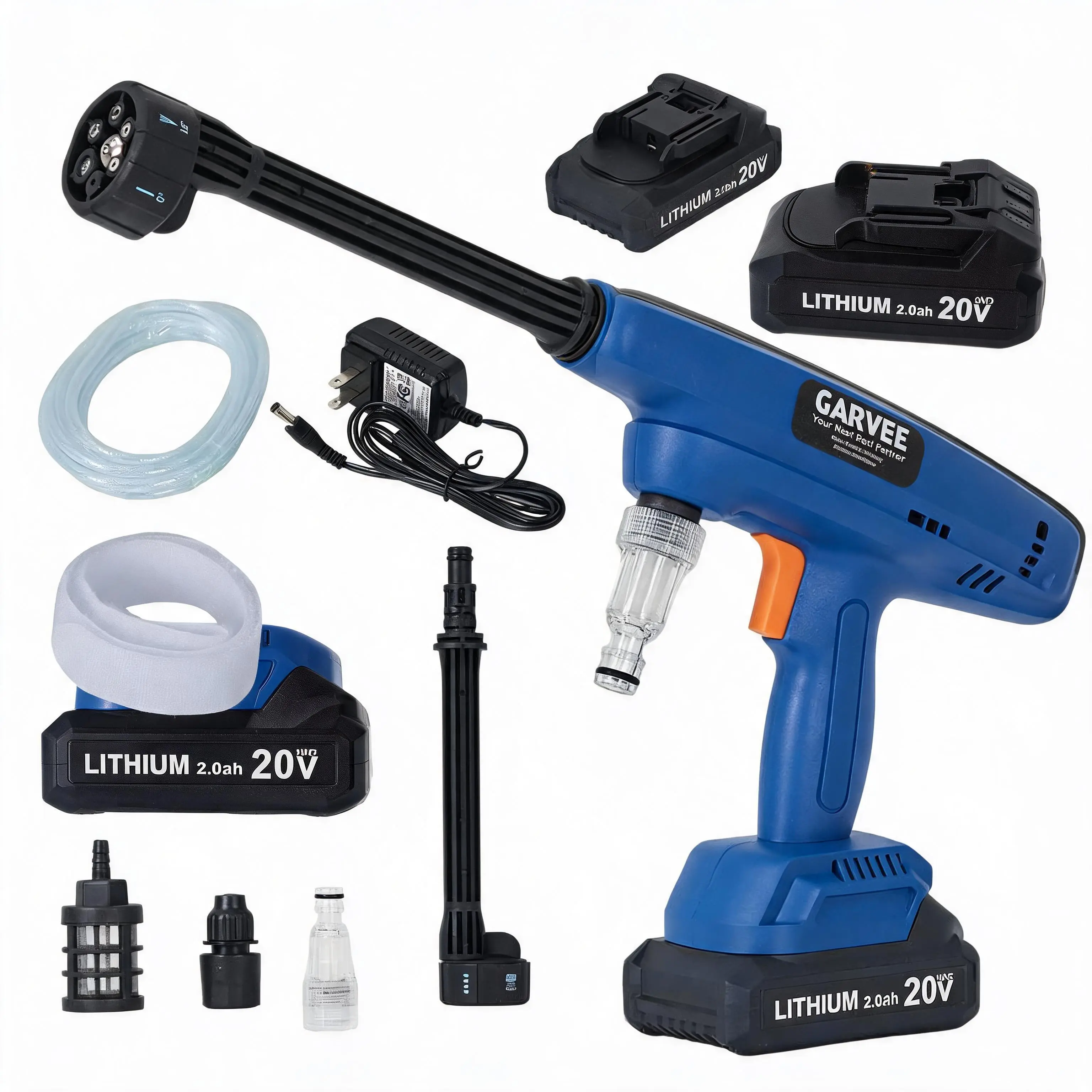 Portable pressure washer | 6-in-1 adjustable nozzle | Self priming battery powered | Blue | Very suitable for car, yard, and outdoor cleaning
