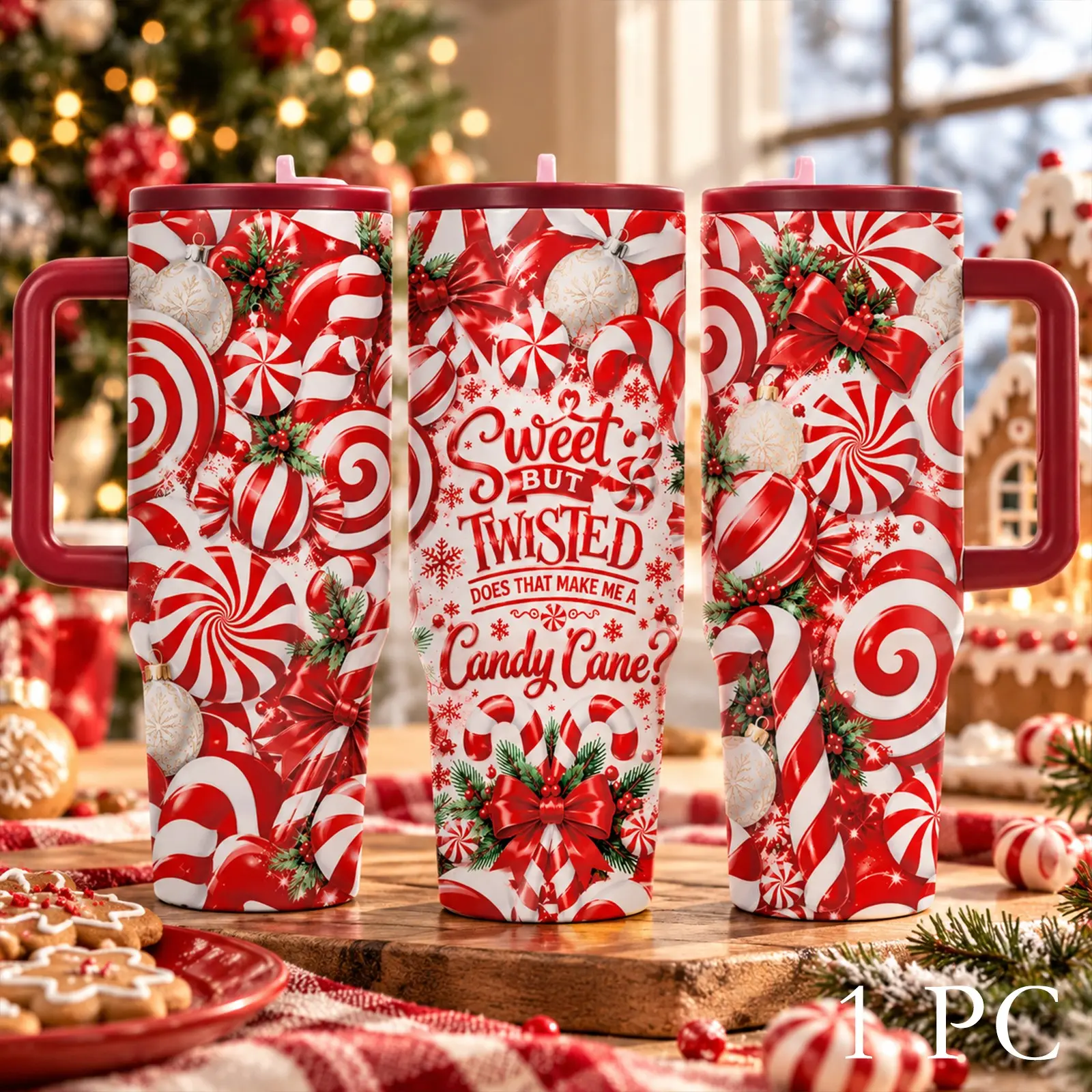 1PC 40oz Candy Cane Christmas Tumbler with Handle, Red White Peppermint Candy Insulated Stainless Steel Travel Cup, Double Wall Large Capacity Coffee Water Mug, Cup Holder Friendly, Festive Holiday Christmas Gift, Insulated Vacuum Drinkware