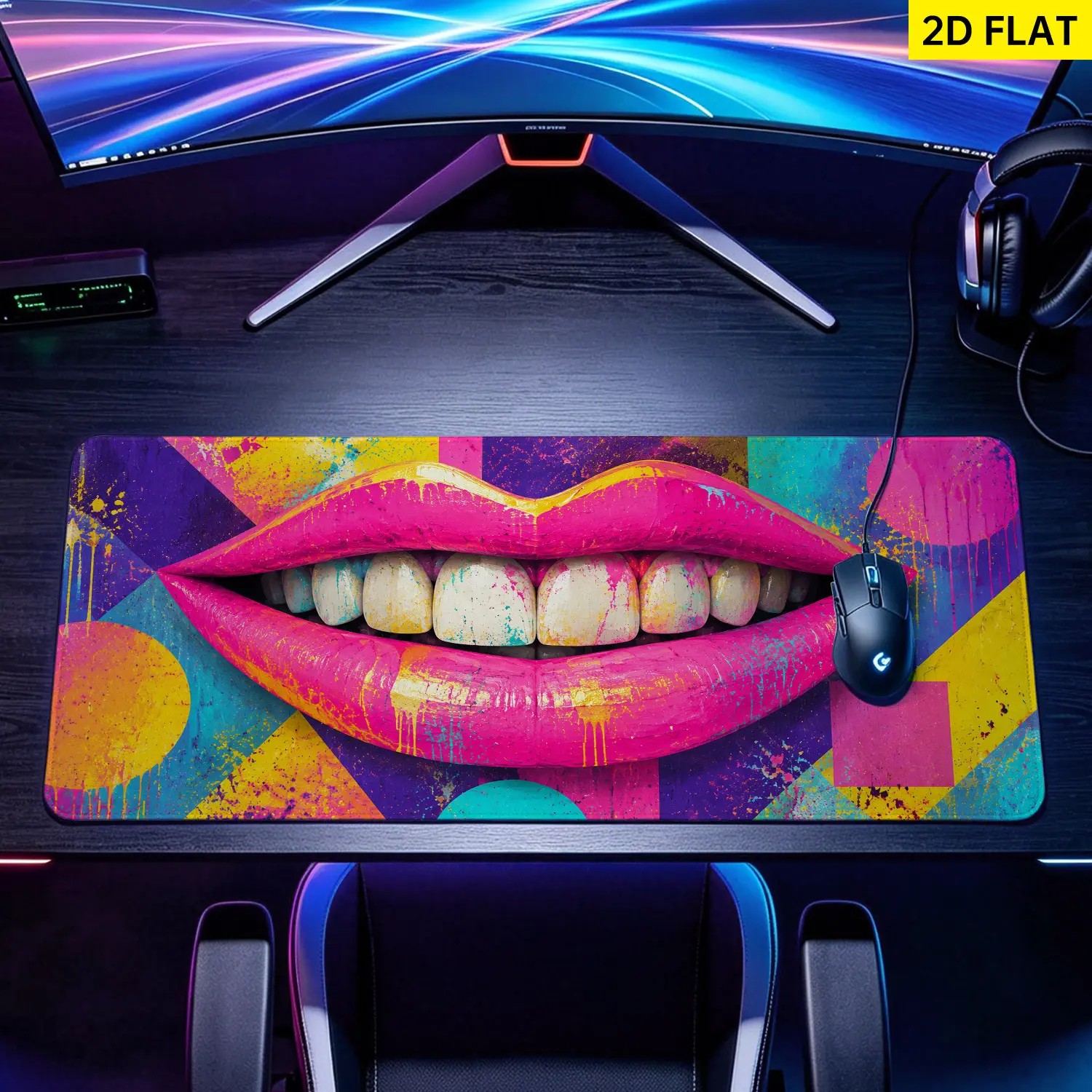 Extra Large colorful pop art lips graffiti Mouse Pad, Non Slip Rubber Pad, Desktop Decoration Drotection Pad, Washable, Lock Edge Multi Size, Premium Multipurpose Mousepad For Home, Office, Gift for Family and Friends