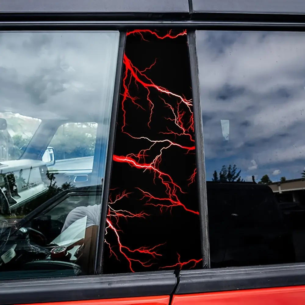 Set of 2 Red Lightning Vehicle Decals - Easy-To-Apply B-Pillar Stickers Featuring a Red Lightning Design, Made from Self-Adhesive Plastic Vinyl, Enhancing Car Safety