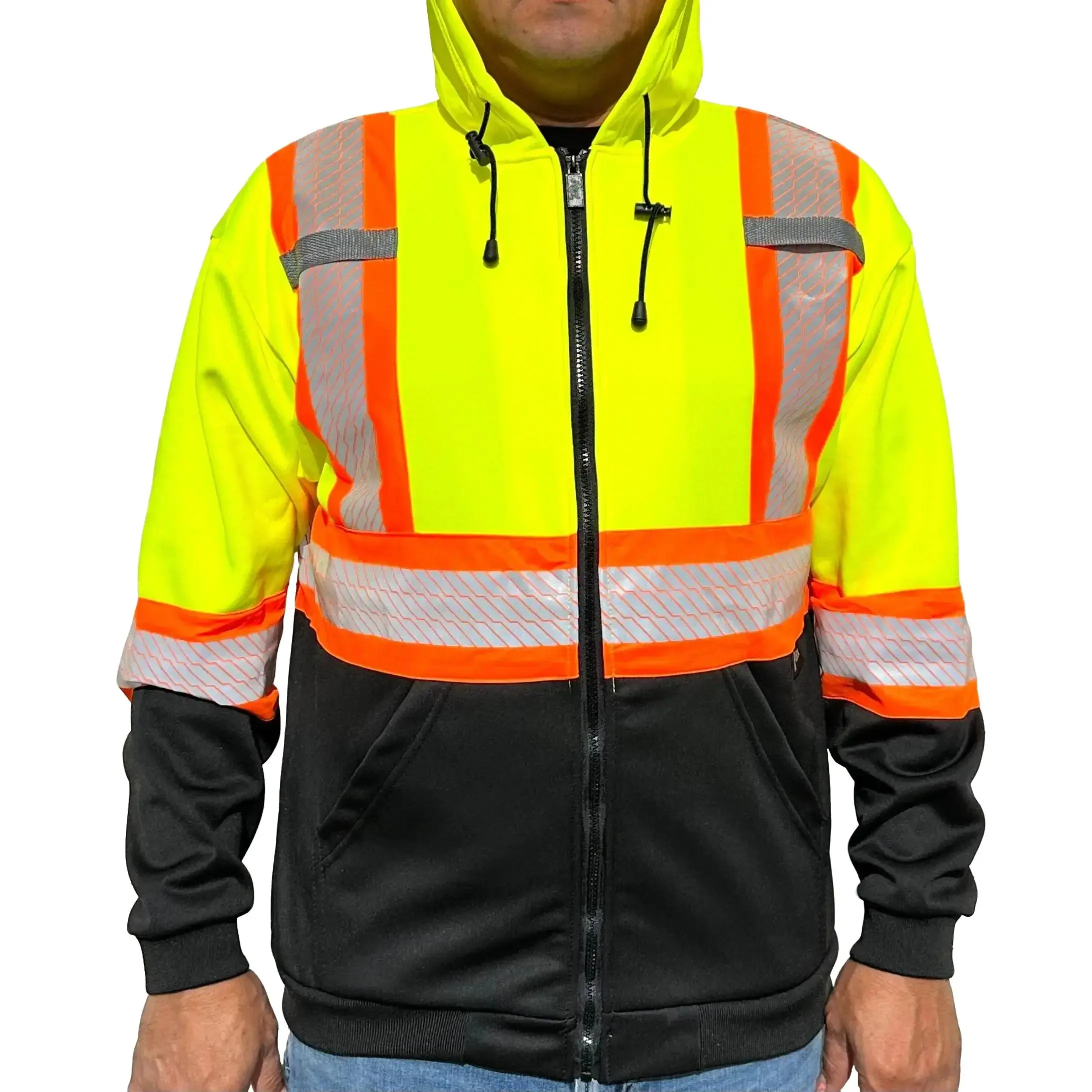 Yellow 2 Tones Long Sleeve Hooded Safety Sweatshirt with Zipper Fleece Knit - Soft Reflective Pockets & Adjustable Hood for Men