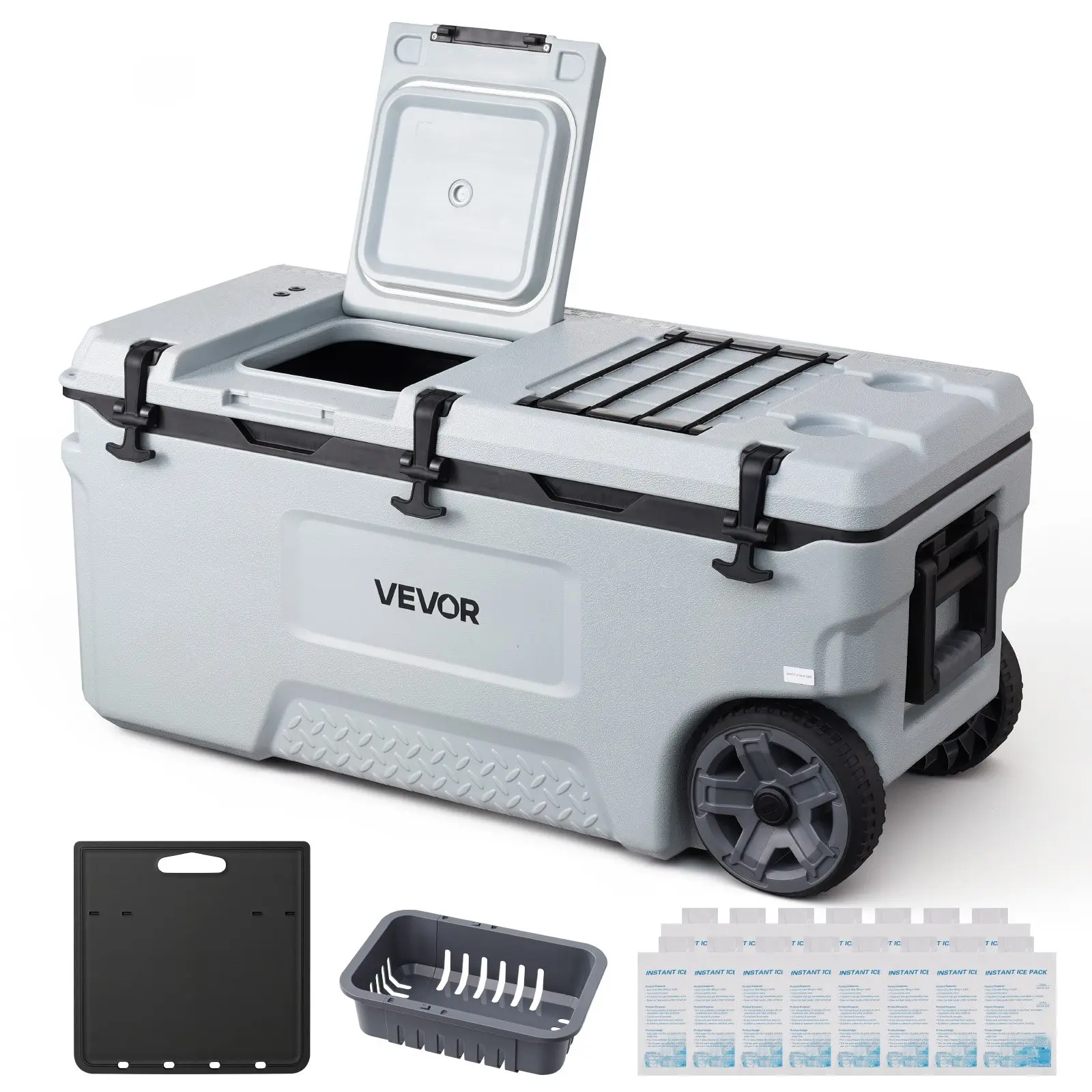 VEVOR 106QT Wheeled Durable Portable Rolling Hard Cooler with Wheels, Leak-Resistant Washable Coolbox, 48-Hour Ice Retention Insulated Chest for Fishing, Grill, Outdoor Picnics, Freshness Maintenance