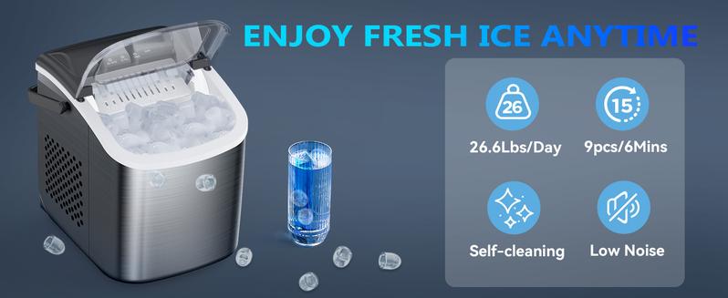 ICE Maker Countertop, Stainless Steel Portable Ice Maker Machine with Self-Cleaning, 26.5lbs/24Hrs, 6 Mins/9 Pcs Bullet Ice, Perfectly for Home Use