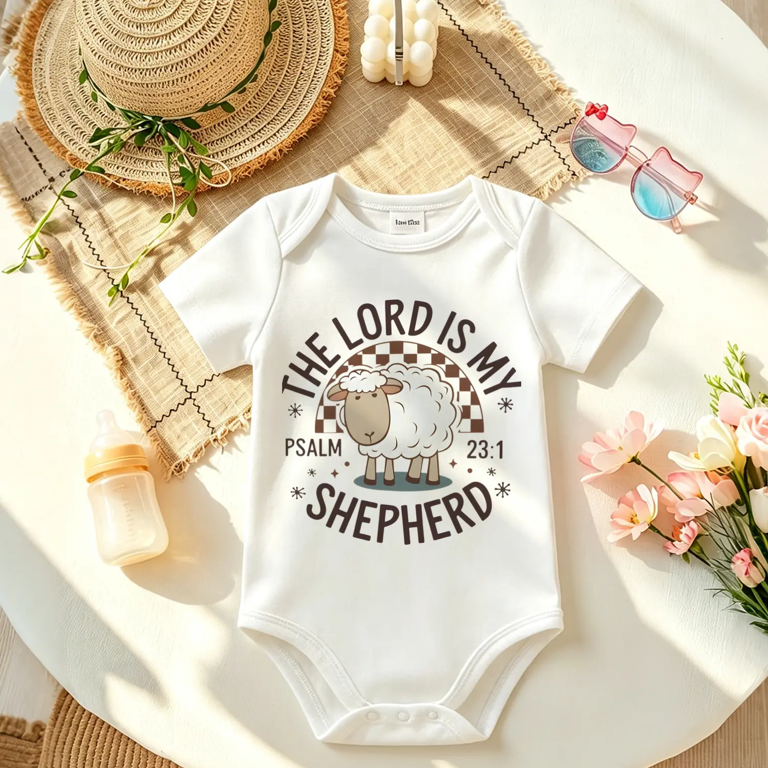 Infant Baby Boys Girls White Bodysuit Vintage Checkered Sheep Print Onesie The Lord Is My Shepherd Psalm 23:1 Bible Verse Christian Romper Baptism Baby Shower Gift, Minimalist, Birthday