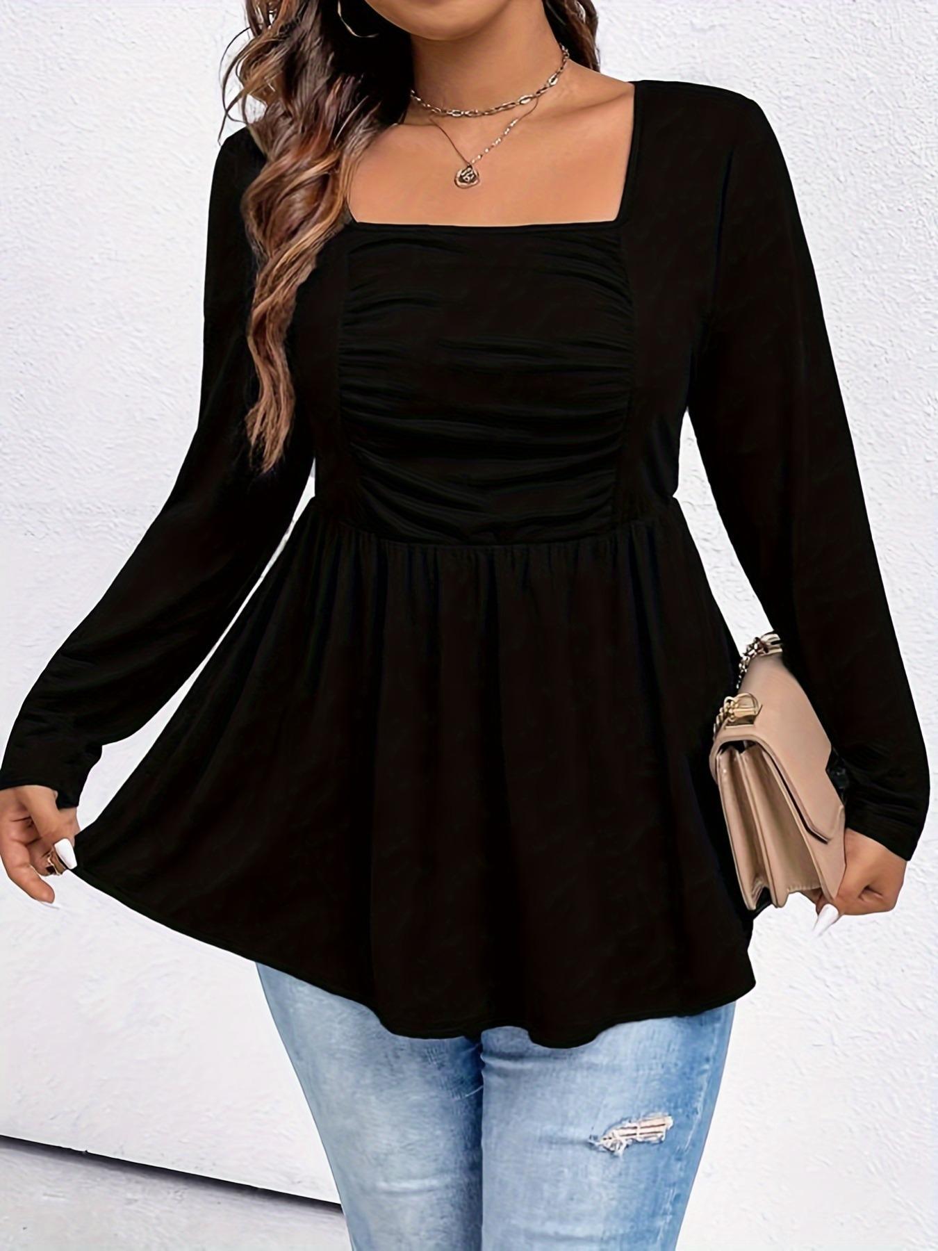 Plus Size Fitted Solid Ruched Peplum Tee, Casual Elegant Square Neck Long Sleeve T-shirt for Spring & Fall, Women's Plus Clothing for Daily Wear