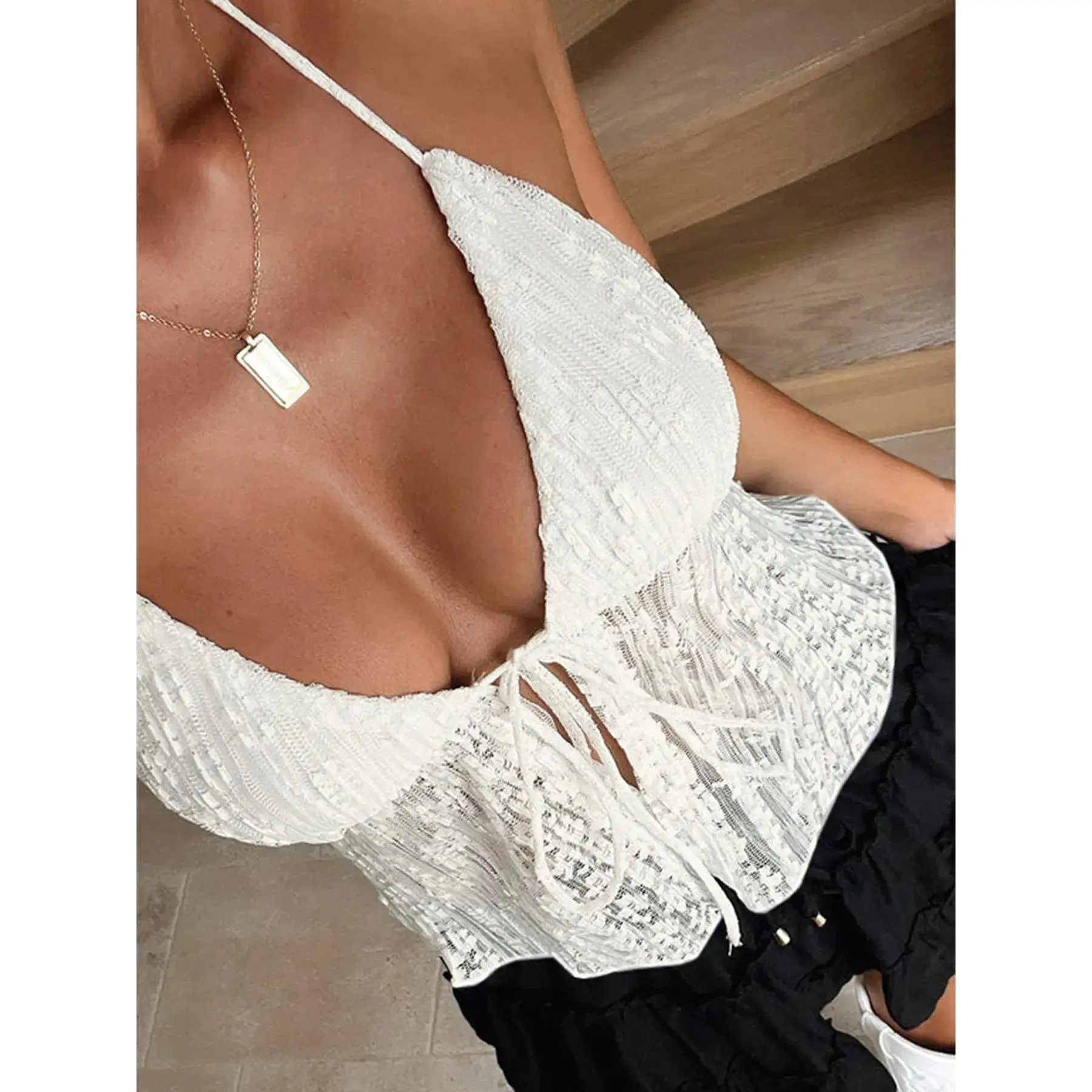 Lace Embroidered Elegant Sleeveless Halter Backless Vest, Vintage Y2K Sexy Summer Beach Vacation Strapless Top, Cute Women's Sleeveless Blouse, Boho Sleeveless Top