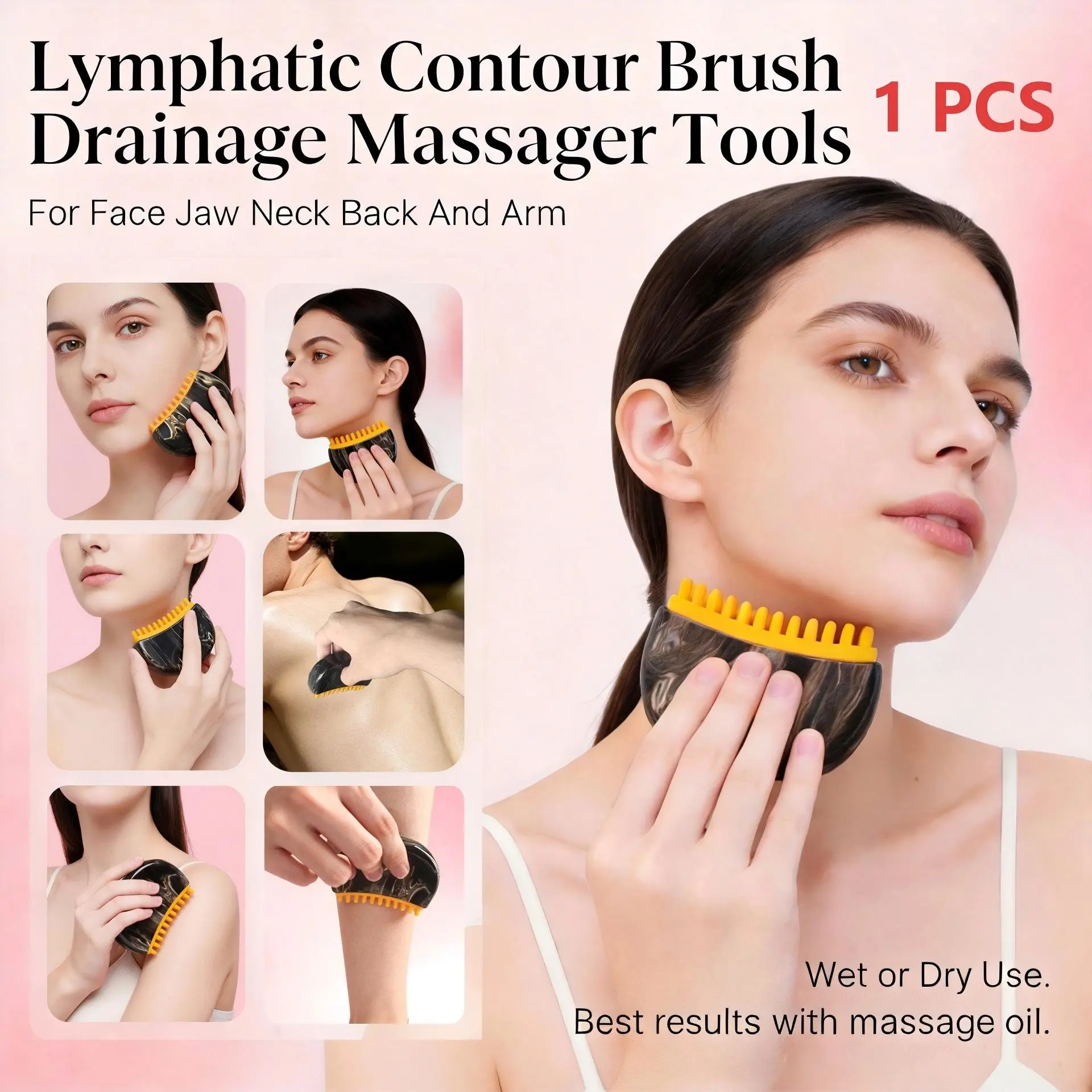 Facial Contour Gua Sha Lymphatic Brush, Lymph Drainage Massager, Silicone Soft Head, Portable Massage Tool for Face, Neck, Body