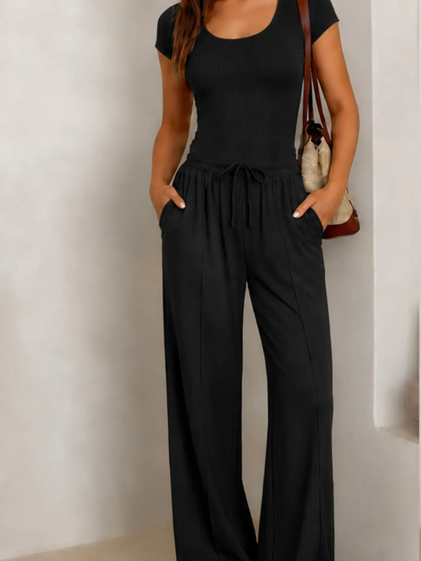 2026 Summer Women 2 Piece Set, Square Neck Short Sleeve Top, Drawstring Waist, Wide Leg Pants with Pockets, Casual Loungewear Tracksuit, Adjustable