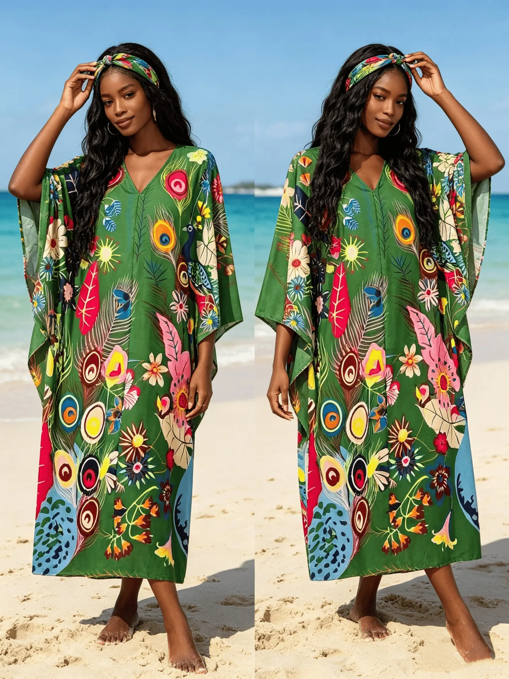 Bohemian Green Base Multicolor Folk Floral Print Silky Satin Kaftan 2 Piece Outfit with Coordinating Scarf, Oversized Plus Size Casual Loungewear, Versatile Beach Swim Cover Up, Tropical Resort Formal Long Dress
