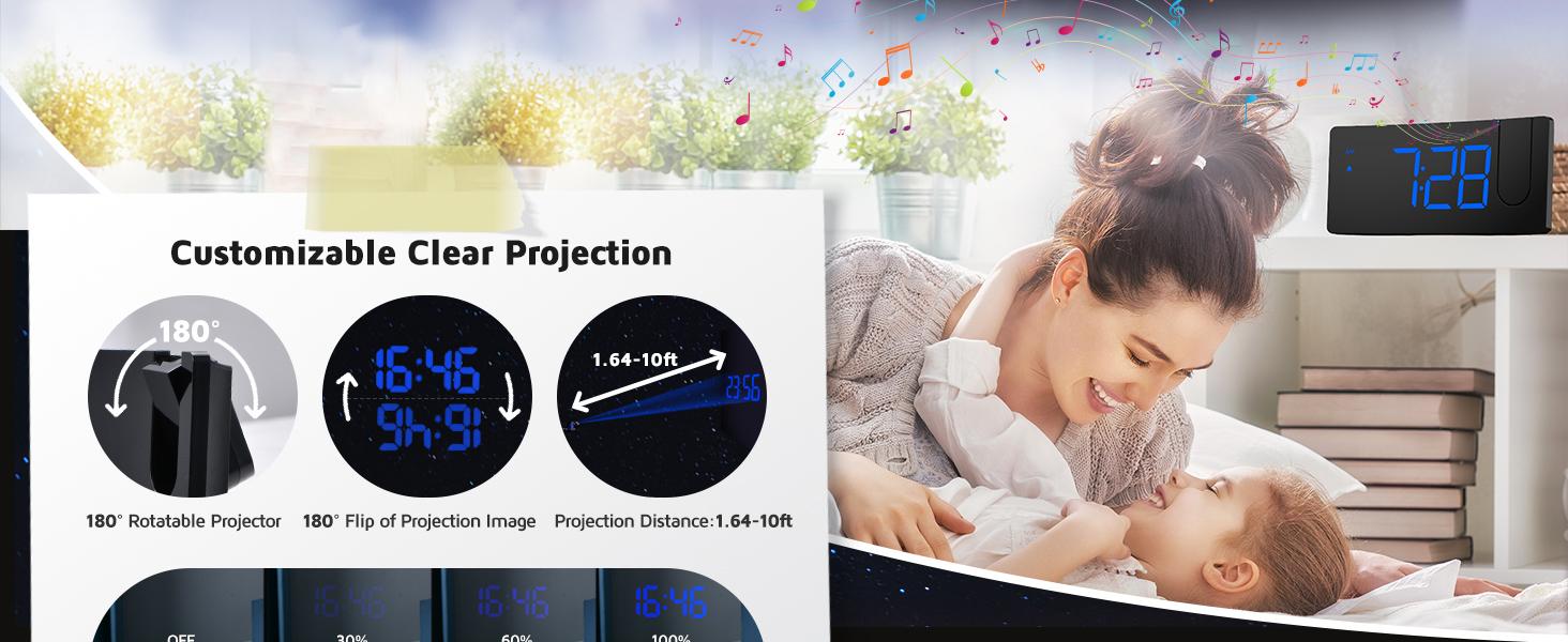 Projection Alarm Clock, Digital Clock with 180°   Rotatable Projector, 3-Level Brightness Dimmer, Clear LED Display, USB Charger, Progressive Volume, 9mins Snooze,12/24H, for Bedroom