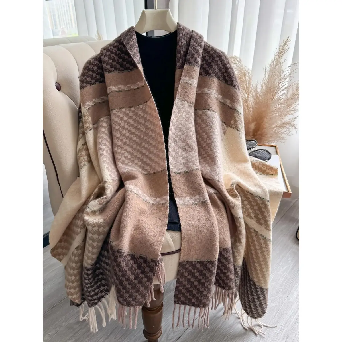 Women's Tencel Satin Washable Cotton Plaid Tassel Shawl - Soft, Warm, Thick Checkered Scarf, Casual Fall-Winter Fashion Accessory, Tassel Decor Shawl