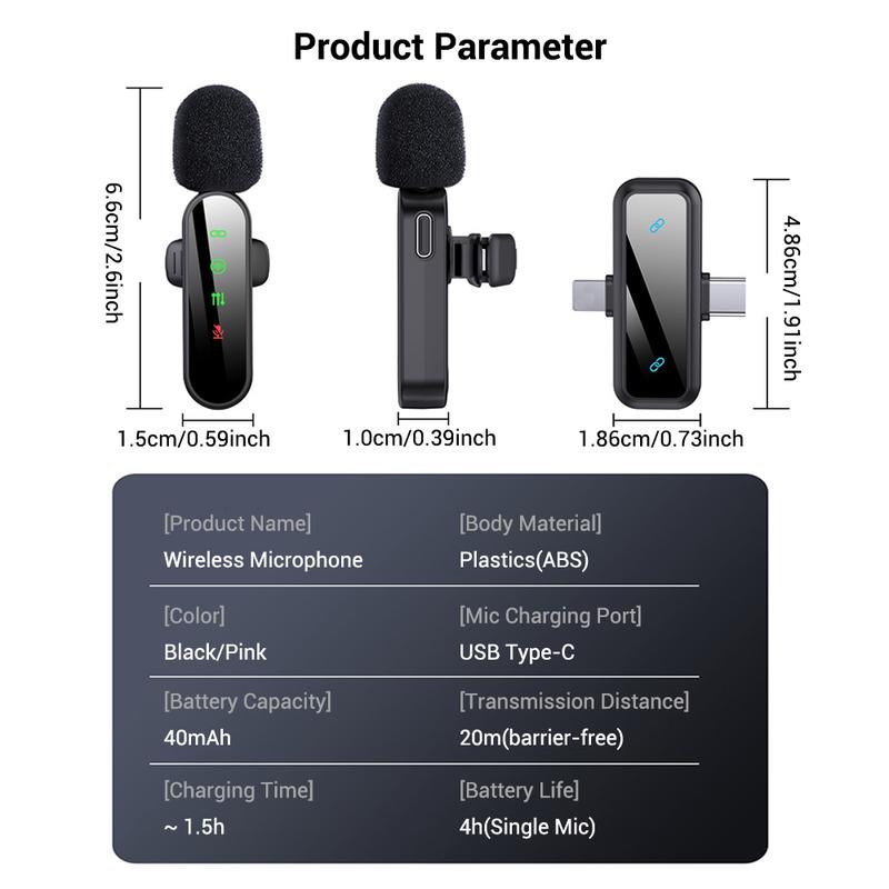 Professional Wireless Lavalier Microphone for iPhone, Android -, Mini Microphone with Status Display, Rechargeable Lapel Mic, Crystal Clear Sound Quality for Recording, Live Streaming, Vlog, TikTok