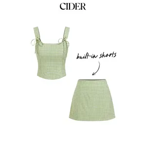 Cider U-neckline Gingham Bowknot Crop Tank Top & Low Rise Mini Skirt Set