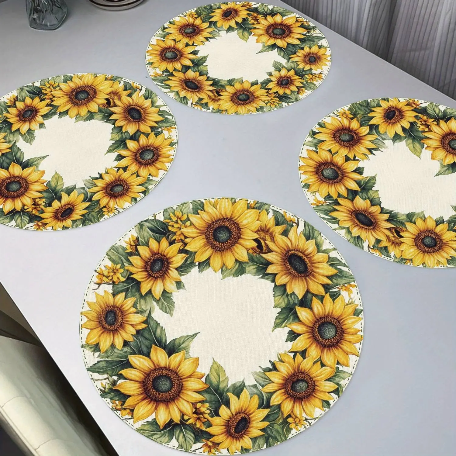Sunflower Picture Table Placemats Set,4pcs Fall Sunflower Decor Placemats Non Slip Heat Resistant 15inch Round Table Mats for Indoor & Outdoor Dining Decor