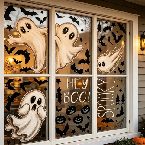 Large Halloween Stickers, Ghost Themed Design Window Stickers, Cute Ghost Style Halloween Window Stickers, Halloween Party Decorations, Halloween Street View Window Display Stickers, Holiday Party Stickers