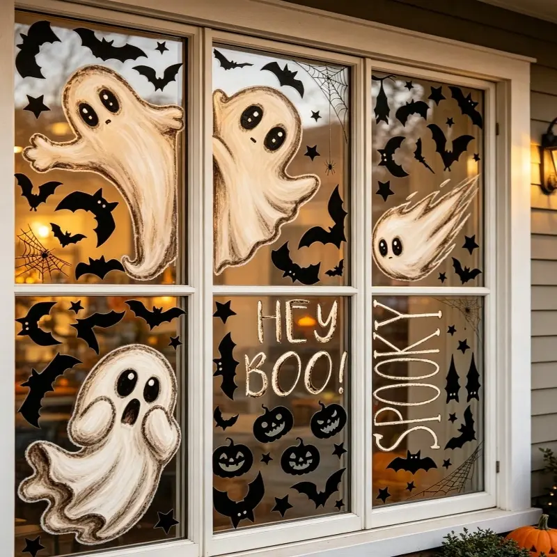 Large Halloween Stickers, Ghost Themed Design Window Stickers, Cute Ghost Style Halloween Window Stickers, Halloween Party Decorations, Halloween Street View Window Display Stickers, Holiday Party Stickers