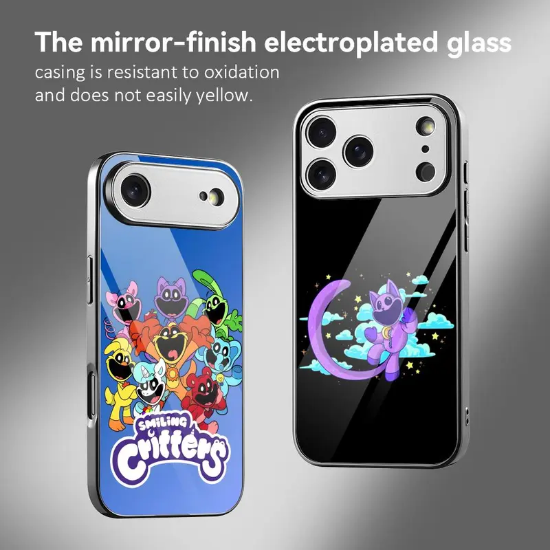 P-Poppies Cartoon P-Playtimes Phone Case For iPhone 17 16 15 14 13 12 Pro Max Plus Electroplated Metal Bumper Case｜Slim Tempered Glass Back｜Shockproof Anti-Scratch｜Luxury Minimalist Phone Cover｜Daily Protection & Gift