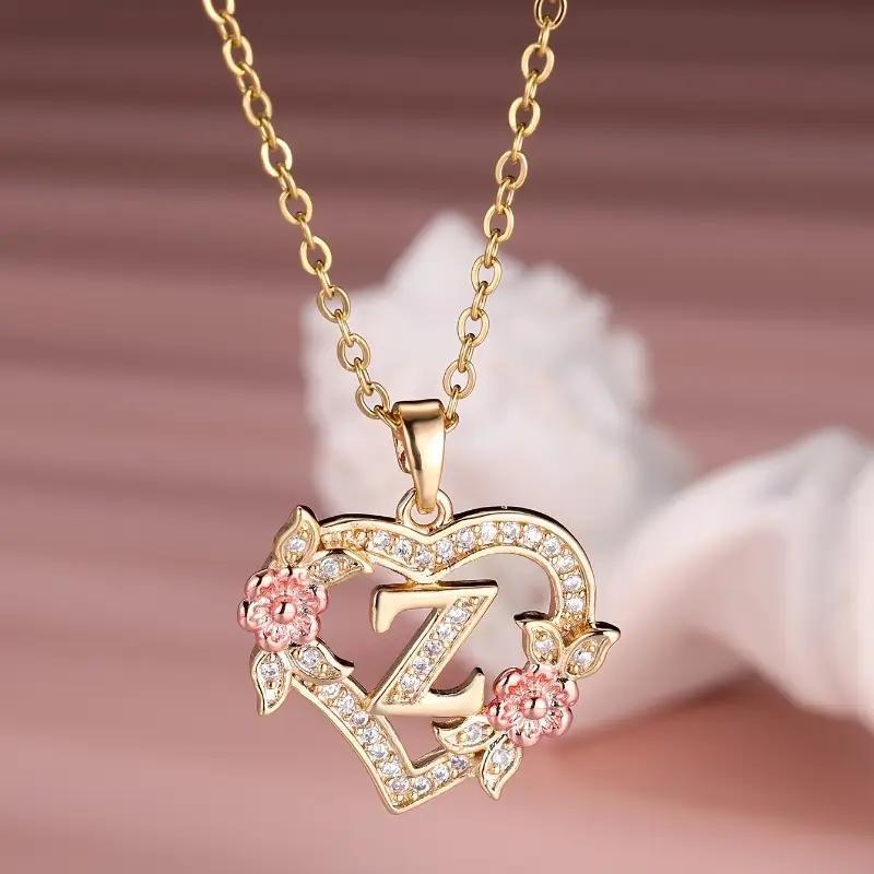 1pc A-Z Letter Love Heart Necklace Elegant zirconia Rose Golden Necklace Valentine'S Day Gift Trendy Jewelry For Women GM-954