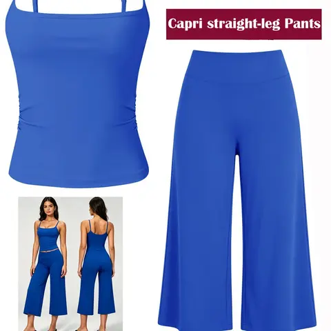 Women's Athleisure 2-Piece Outfit, Fitness Outfits, Sporty Spaghetti Strap Square Neck Tank Top and Loose Straight-Leg Capri Pants, Lightweight Quick-Dry Set for Summer Workouts and Daily Wear, Gym Workout Sets