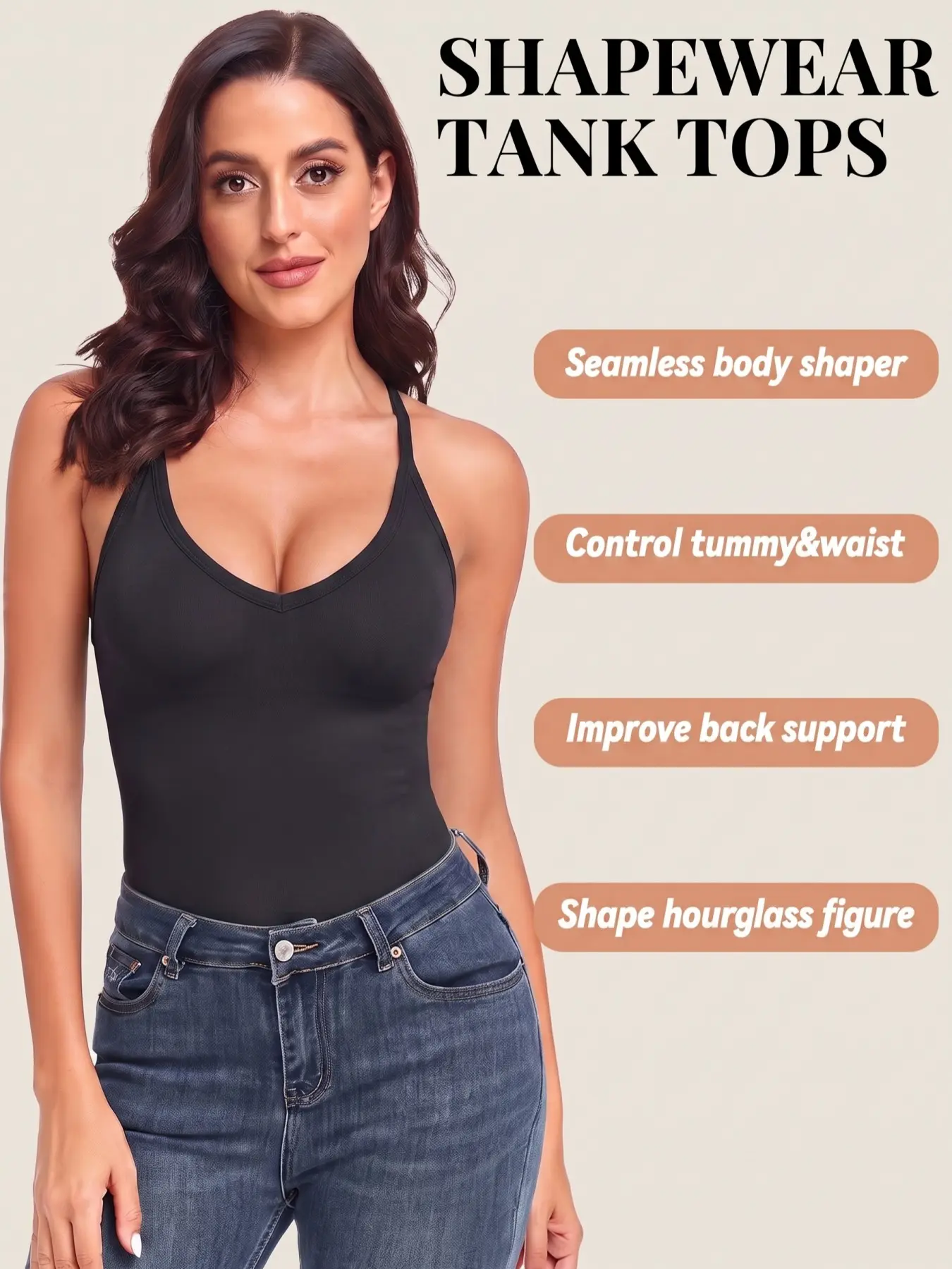 Women's Shapewear Tank Top U Neck Racerback Tummy Control Strappy Seamless Compression Slimming Tops Casual Solid Color for All Seasons