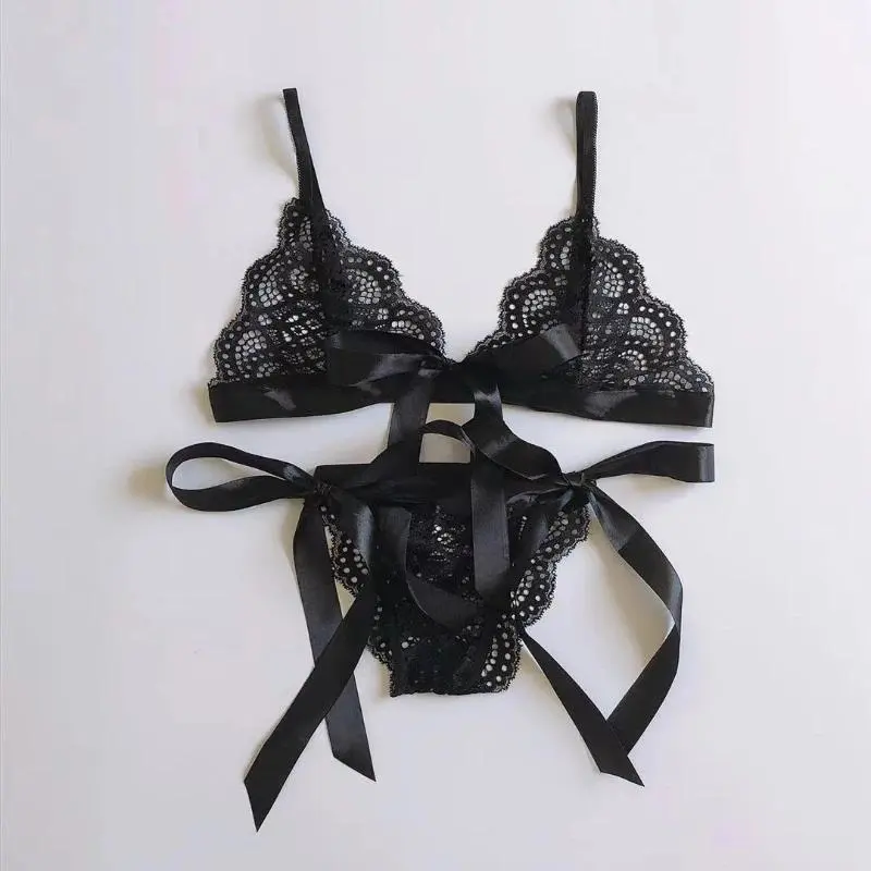 Sexy Lace Split-cut Lace Bikini Fashion Strapping Three-point Bowknot Bralette Lingerie Underwear Women Set See Through Bra
