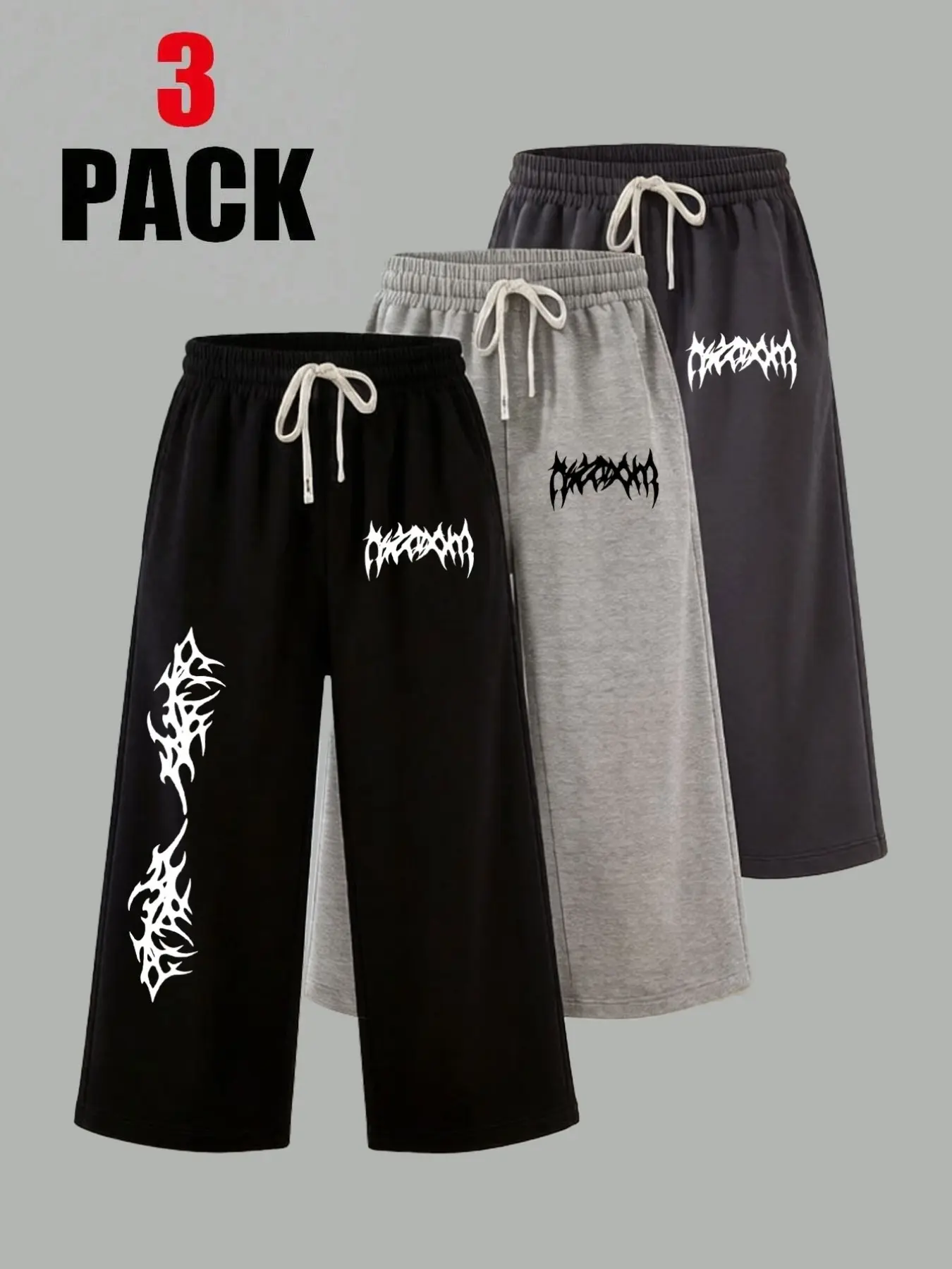 3-Piece Gothic Pattern Capri Pants, Men's Y2K Streetwear Loose Wide Leg Pants, Punk Print Drawstring Casual Joggers, Hip-Hop Bottoms for Teens and Young Adults