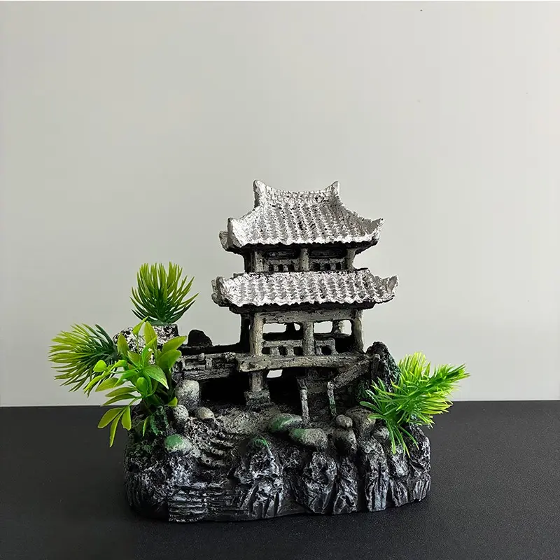 Chinese Traditional Architecture Decorative Piece, Fish Tank Ornament, Resin Ornament, Desk Decoration, Vintage Style Home Accent, Unique Feng Shui Item, Desk Ornaments