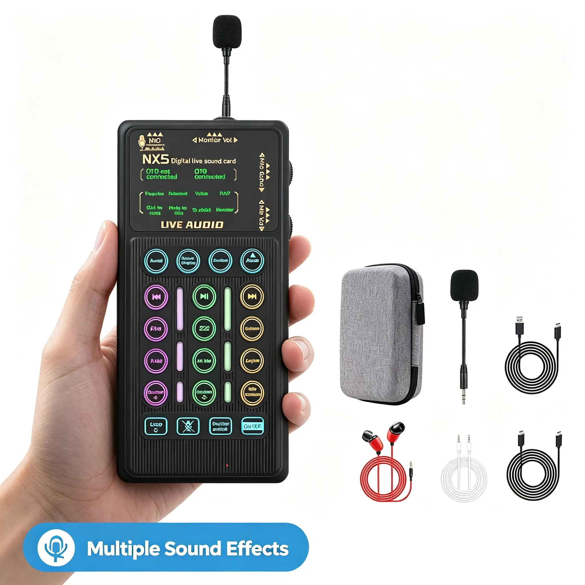Multi functional portable handheld sound card, mini live mixer with multiple sound effects and voice converters, compatible with mobile phones/PCs, used for podcast live singing recording