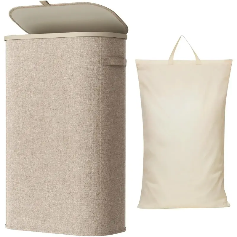 Slim Laundry Basket with Lid, Narrow Laundry Hamper with Plastic Handles and Removable Bag, Tall Foldable Dirty Clothes Hampers for Laundry Room, Bedroom, Bathroom, Dorm, 65L BeigeGift.