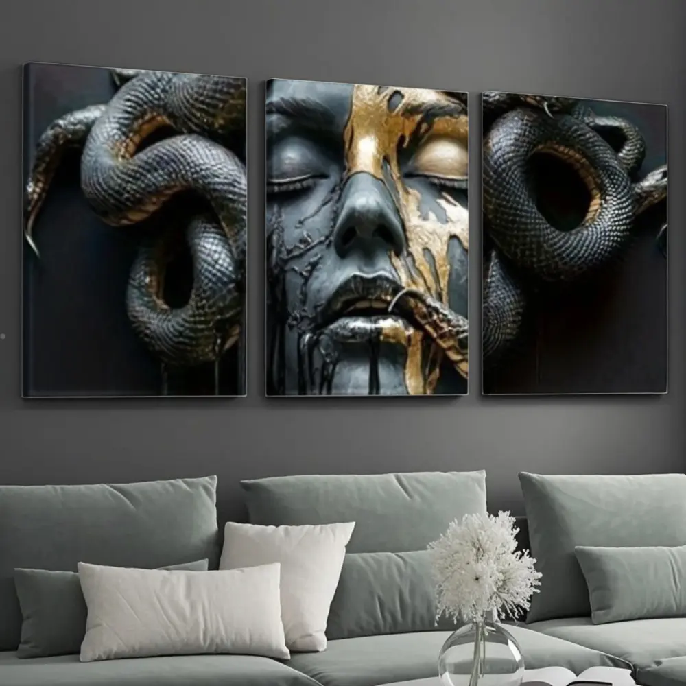 Modern Dark Fantasy, 3 Piece Canvas Wall Art, Medusa Snake Goddess Face Painting, Hd Giclee Print On Stretched Canvas, Living Room Sofa Background Decor, 3 Panel Set