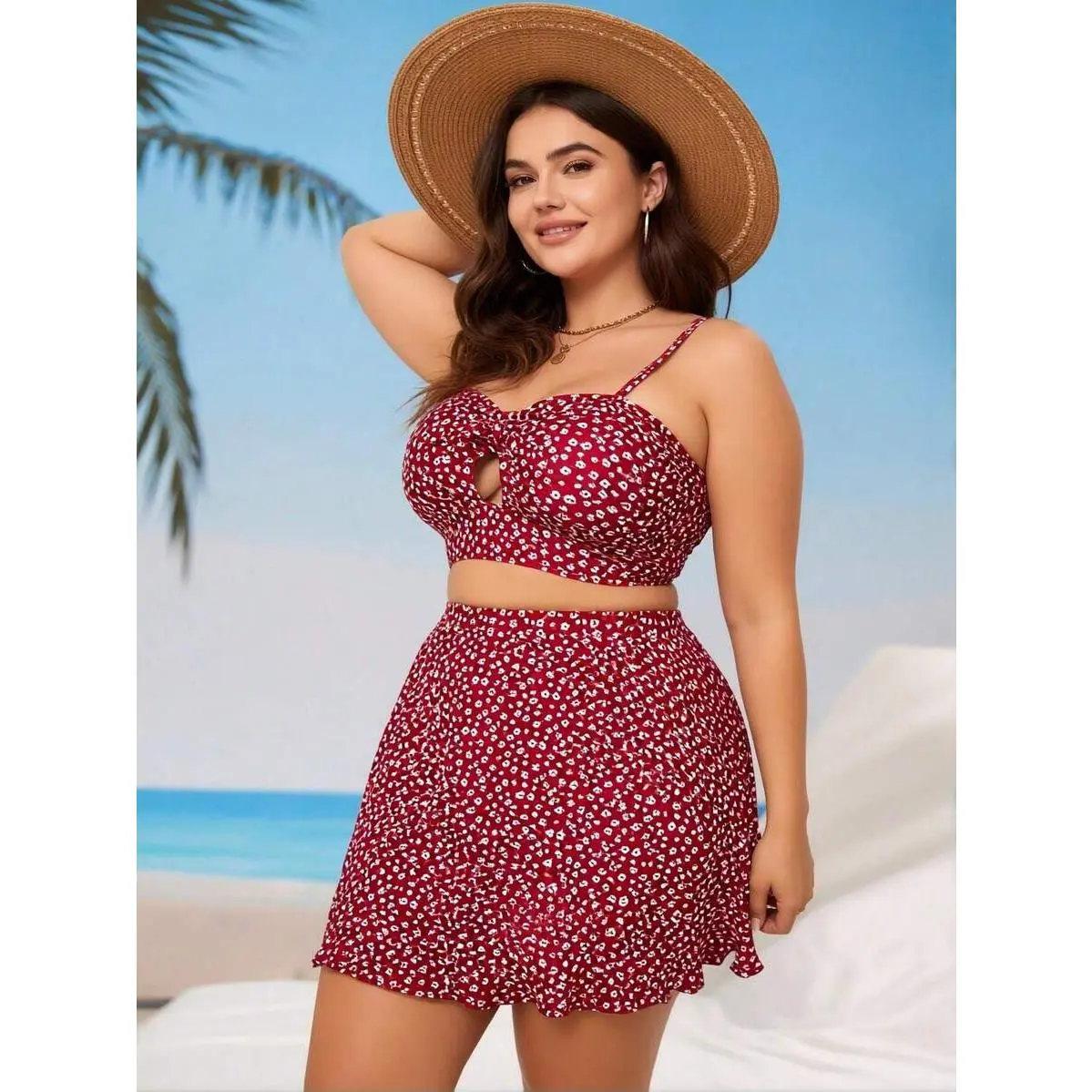 2026 New Red Floral Print Bikini, Plus Size High Waist Skirted Two Piece Vacation Swimsuit