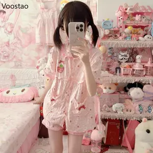 Kawaii Lolita Style Strawberry Embroidery Pajamas Set Girls Cute Short Sleeve Tops Shorts Suit Women Sweet Homewear Pijama Mujer