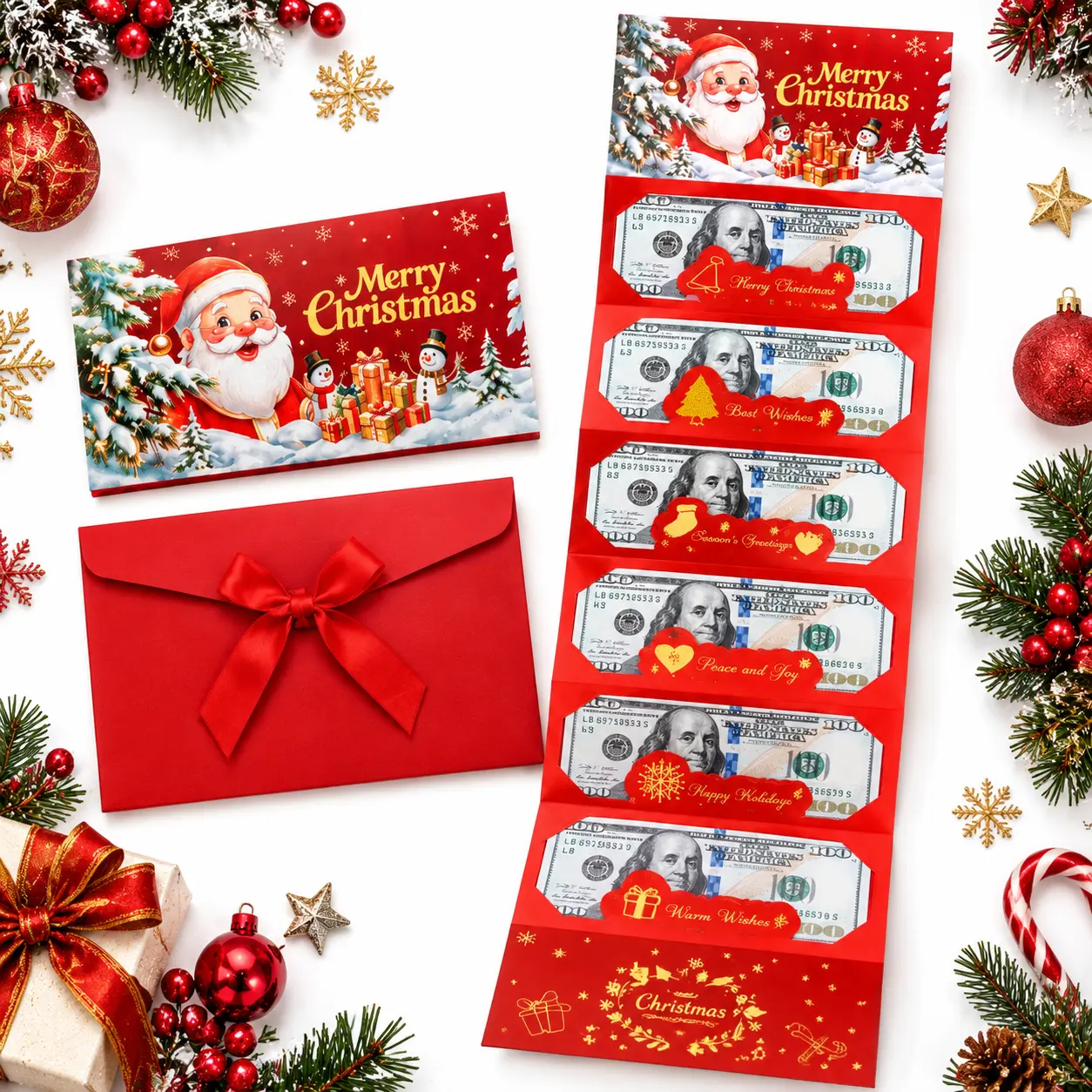 Foldable Christmas Money Envelopes with Folding Slots - 1/2/4 Count Office Stationery Cash Holders, Holiday Greeting Cards, Stocking Stuffers for Teens & Adults