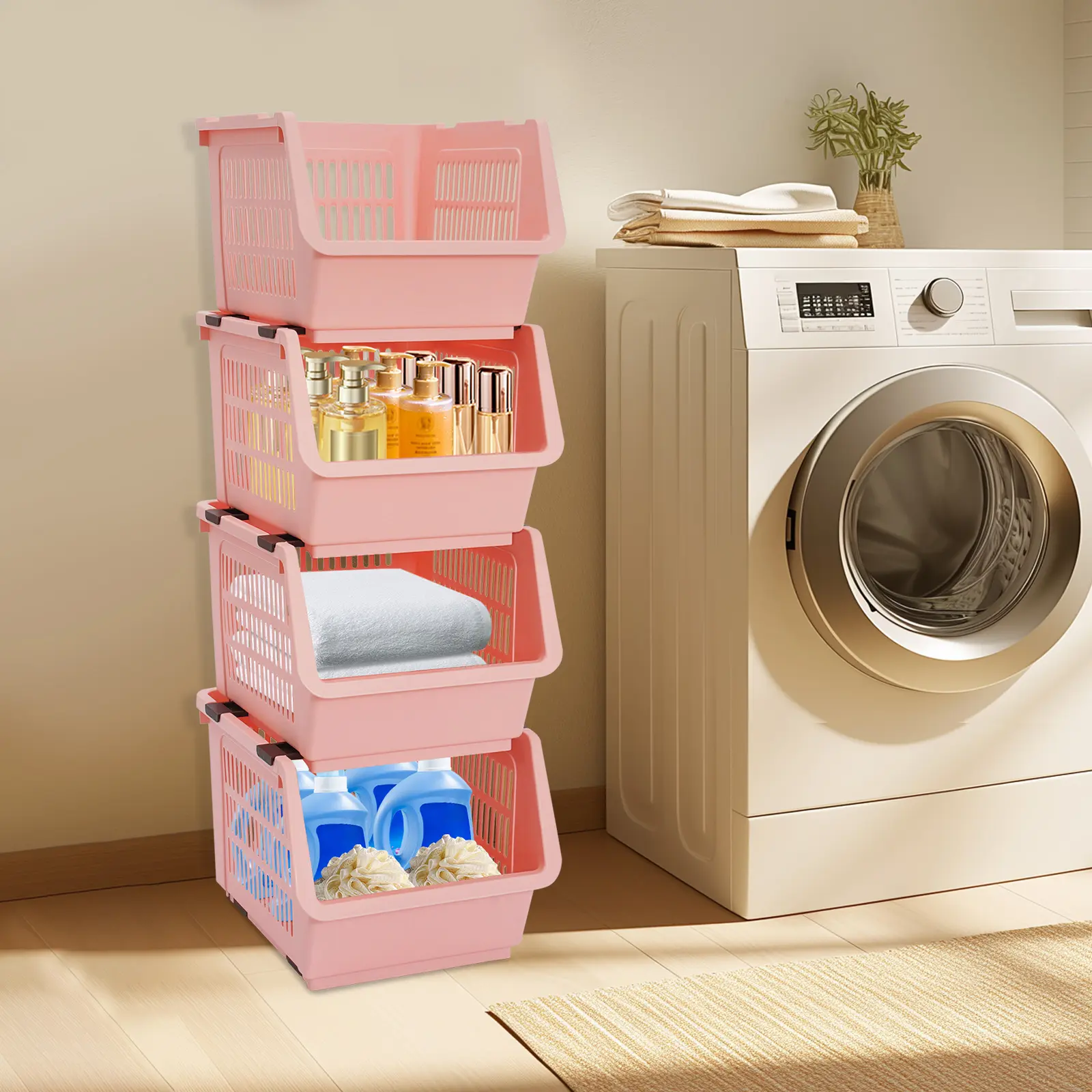 4 Pack Stackable Storage Baskets 25kg for Kitchen Bathroom Living Room Toy Storage