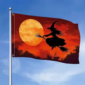 Halloween Witch Flag - Spooky Banner with Witch Silhouette, Full Moon & Fiery Sky, 2*3ft & 3*5ft, for Yard, Party & Outdoor Decor