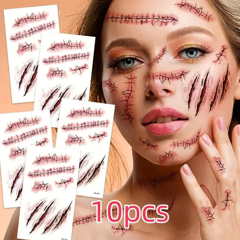 10pcs Halloween 3D Fake Scar Temporary Tattoos, Adult Horror Makeup, Party Costume Props, Face & Body Art, Model Xinghao 101