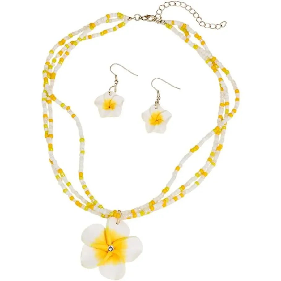 Women's Hawaiian Costume Jewelry Set - Easy to Wear Bohemian Plumeria Motif Flower Dangle Earrings, Set Includes Pair, Beach Holiday Summer Accessories
