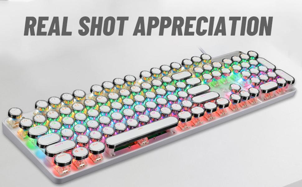 Typewriter Style Mechanical Gaming Keyboard RGB Backlit Wired with Blue Switch Retro Round Keycap 104 Keys Keyboard (R-White)