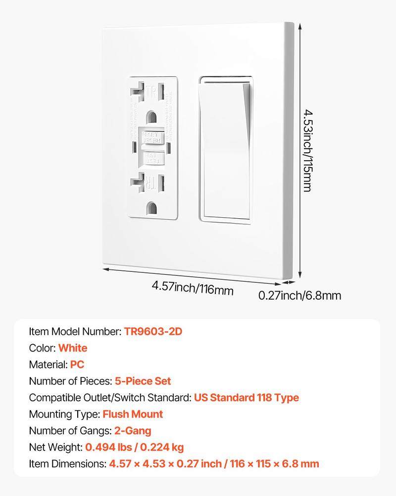 VEVOR Rocker Light Switch Wall Plates, 2-Gang Decorative Outlet Covers,Standard Size 4.57in L x 4.53in H Unbreakable Polycarbonate Thermoplastic Faceplate for Receptacle Outlet&Switch(5 Pack, White)