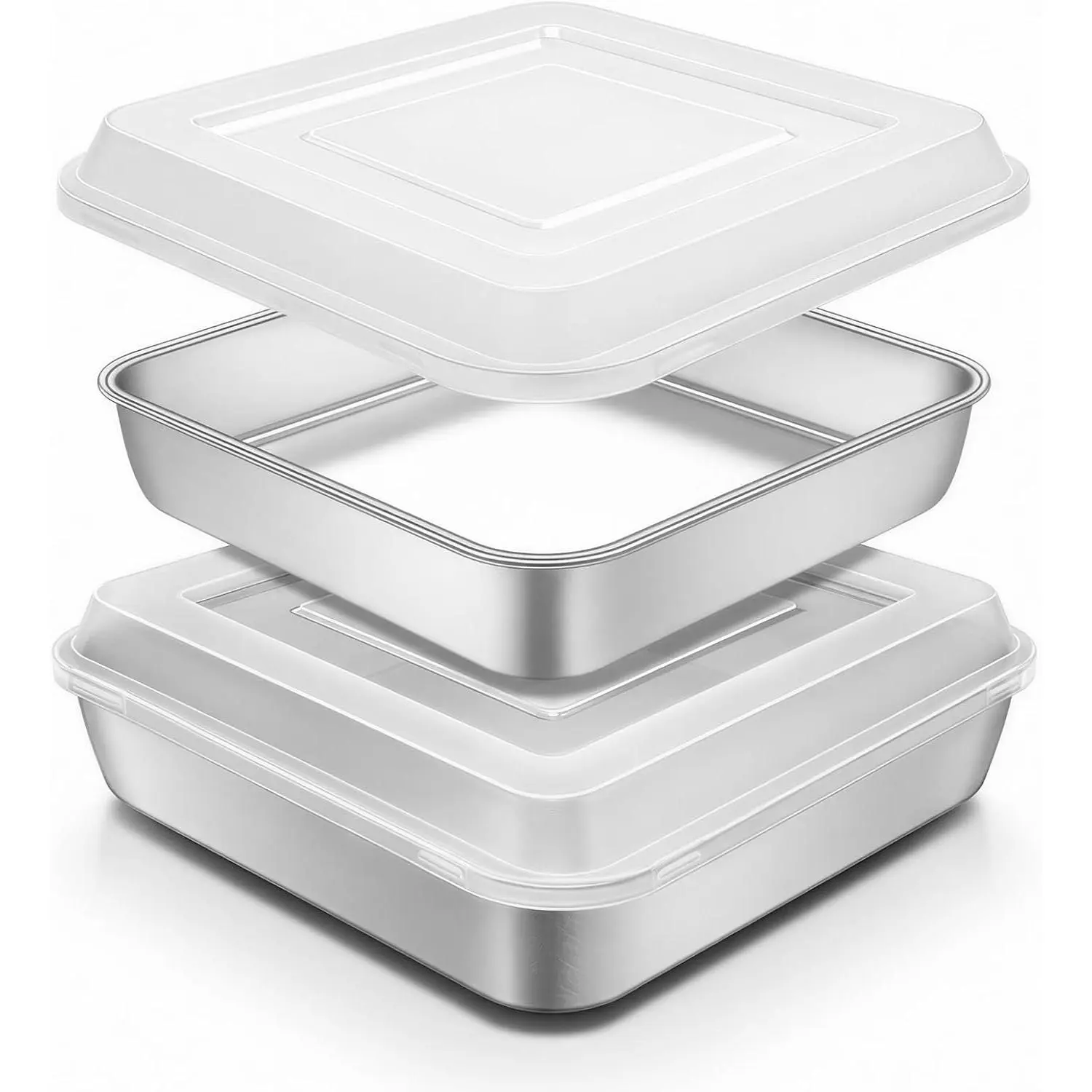 Stainless Steel Baking Pan with Lid, 8 x 8 x 2 Inch Deep Square Cake Pan with Cover, & Bakeware Set of 2, Easy Clean, Dishwasher & Oven Safe, for Cakes, Brownies(2Pans+2Lids)
