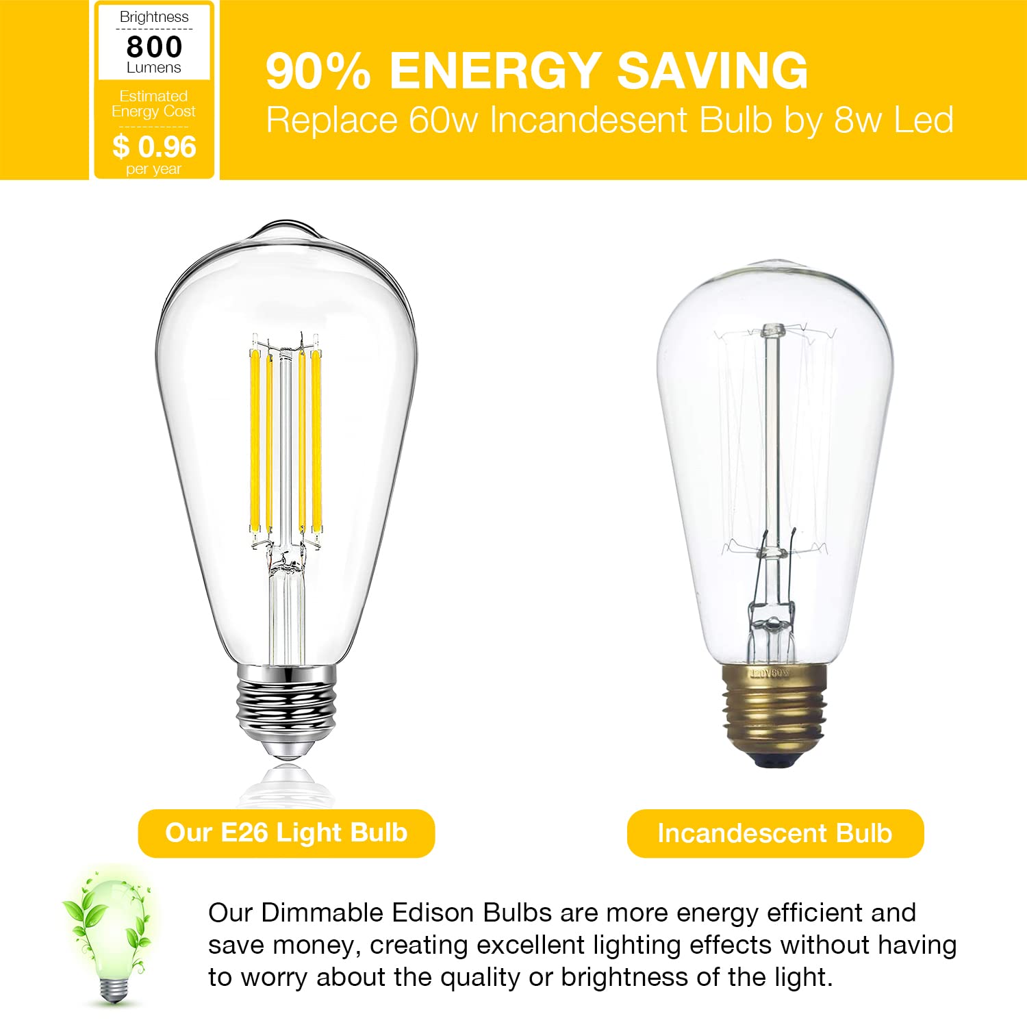 DAYBETTER LED Edison Bulbs ST58 Antique Filament 8W 800LM Dimmable Warm White 2700K E26 Base Clear Glass for Home Decor
