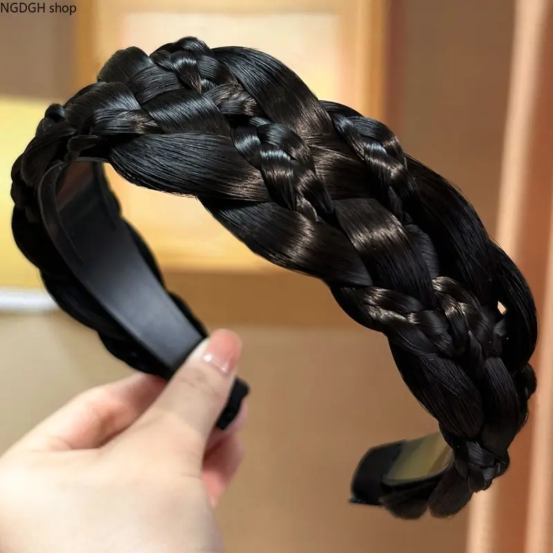 Women's Vintage Black Braided Plait Headband - Wide Non-Slip Base, Thick Plaited Hairpiece for Volume Boost, Elegant Synthetic Accessory for Daily Parties, Retro Chic Sport & Outdoor Hair Accessory
