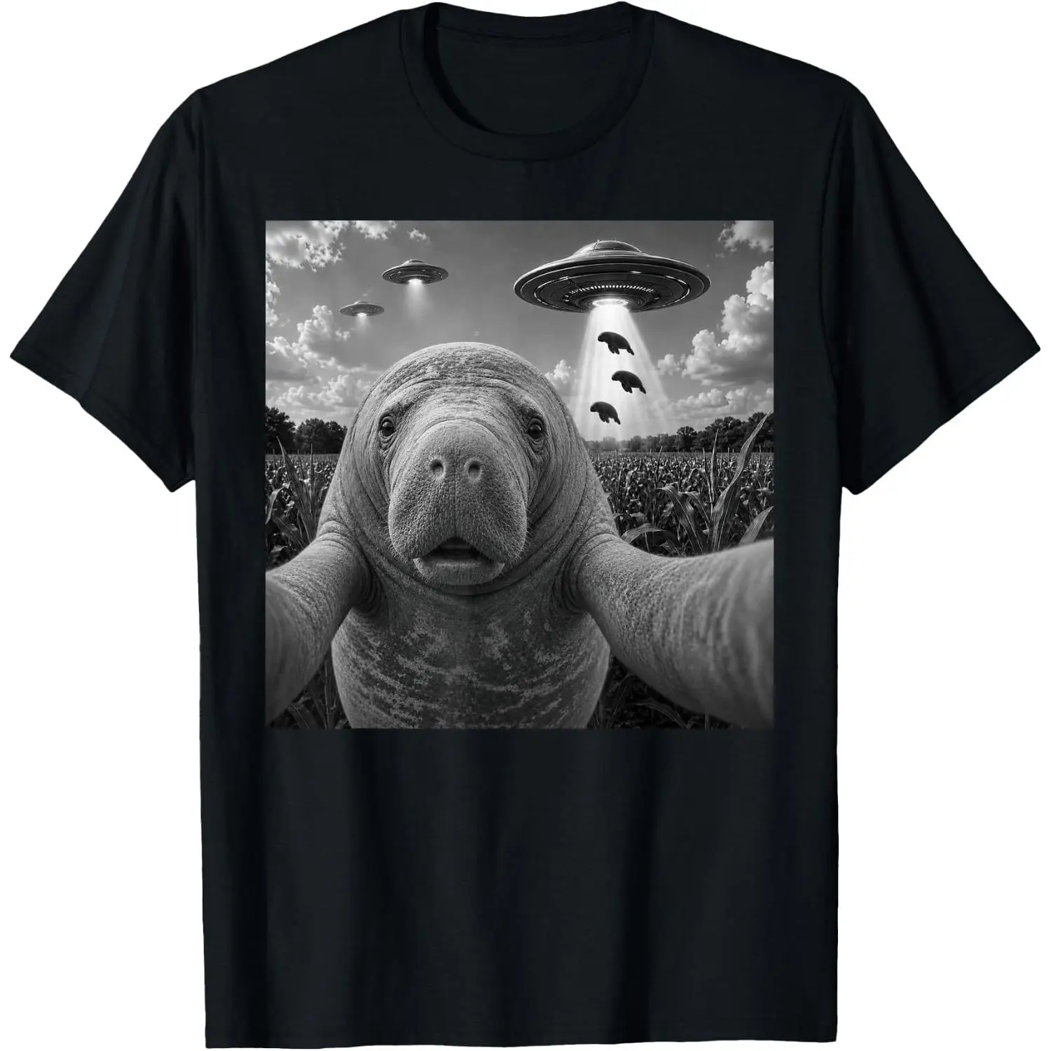 Manatee Selfie with UFO Alien Funny T-Shirt