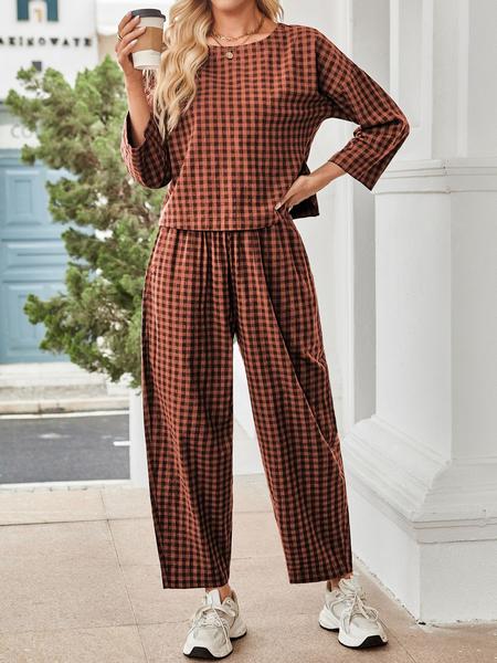 Women's Fall Casual Plaid Print Set, Loose Fit Long Sleeve Top & Elastic Waist Wide Leg Pants Two-Piece for Home Wear, Clothes