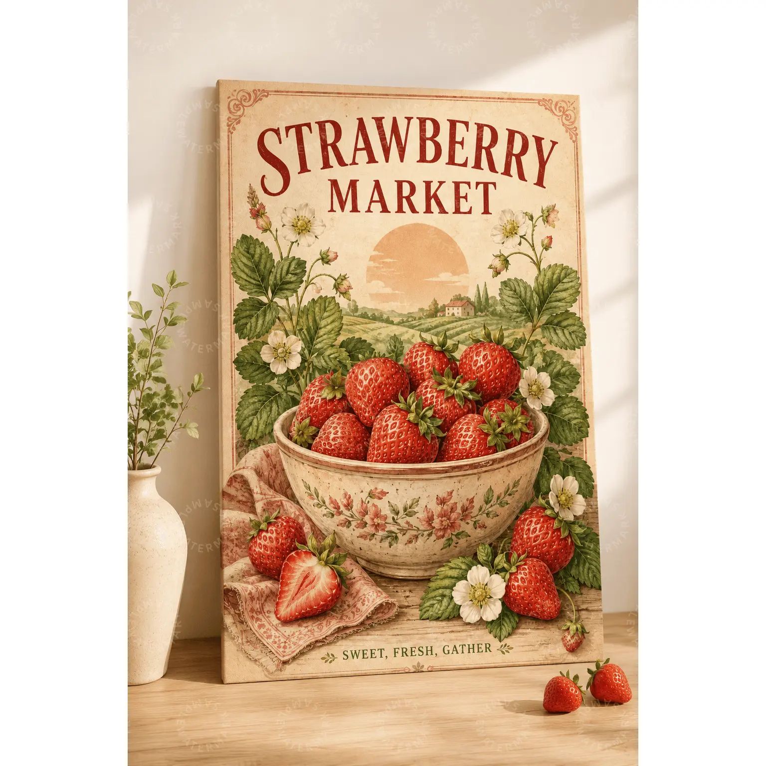 Strawberry Market Canvas Wall Art, Vintage Strawberry Kitchen Poster, Cottagecore Farmhouse Fruit Print, Aesthetic Poster for Dining Room, Bedroom, Living Room Decor, Sweet Fresh Gather Gift for Strawberry Lovers