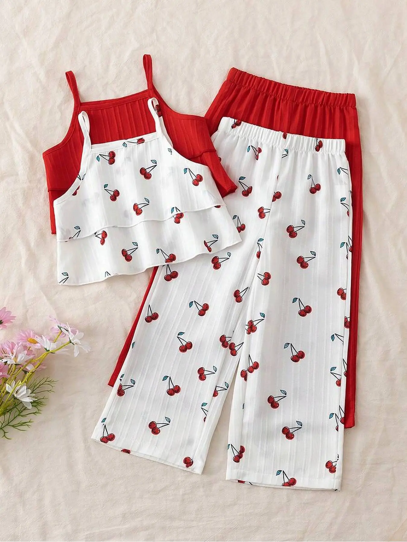 Playful Pals Young Girls Summer Bubble Texture Double Layer Ruffle Camisole Tank Top + Loose Wide Leg Long Pants, Cherry Digital Print 4-Piece Set, Summer Clothing Set, Soft & Skin-Friendly, Suitable For 4-7 Years Old Toddlers
